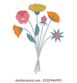 Bright bouquet of wildflowers. Bunch with common knapweed, pansy, different meadow flowers, blooming wild plants, and herbs. Botanical hand-drawn elements for design projects. Vector illustration