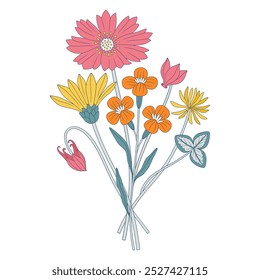 Ramo brillante de flores silvestres. Manojo de cosmos, trébol, diferentes flores de prado, plantas silvestres en flor y hierbas. Elementos botánicos dibujados a mano para proyectos de diseño. Ilustración vectorial