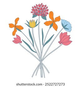 Ramo brillante de flores silvestres. Manojo con ciclamen, matthiola, diferentes flores de prado y plantas silvestres en flor. Elementos botánicos dibujados a mano para proyectos de diseño. Ilustración vectorial