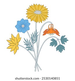 Ramo brillante de flores silvestres. Manojo con dalia, cosmos, aquilegia, diferentes flores de prado, plantas silvestres en flor y hierbas. Elementos botánicos dibujados a mano para proyectos de diseño. Ilustración vectorial