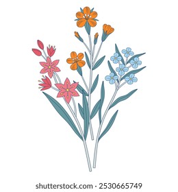 Ramo brillante de flores silvestres. Manojo con gagea, diferentes flores de prado, plantas silvestres en flor y hierbas. Elementos botánicos dibujados a mano para proyectos de diseño. Ilustración vectorial