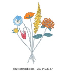 Ramo brillante de flores silvestres. Manojo de flores de prado con pansy, plantas silvestres, hierbas. Elementos botánicos dibujados a mano para proyectos de diseño. Ilustración vectorial