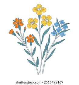 Ramo brillante de flores silvestres. Manojo de flores de prado, plantas silvestres, hierbas. Elementos botánicos dibujados a mano para proyectos de diseño. Ilustración vectorial