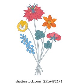 Ramo brillante de flores silvestres. Manojo de flores de prado con nigella y pansy, plantas silvestres, hierbas. Elementos botánicos dibujados a mano para proyectos de diseño. Ilustración vectorial