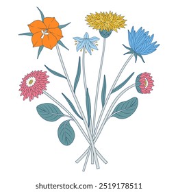 Bouquet brilhante de flores silvestres. Um monte de flores de prado com gota de neve e knapweed, plantas selvagens, ervas. Elementos botânicos desenhados à mão para projetos de design. Ilustração vetorial