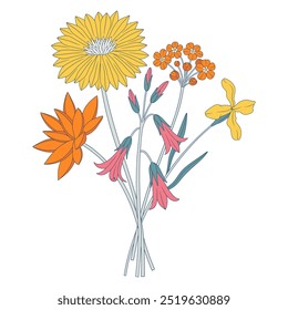 Bright bouquet of wildflowers. Bunch of meadow flowers with dahlia, bellflower, forget-me-not, and wild plants. Botanical hand-drawn elements for design projects. Vector illustration