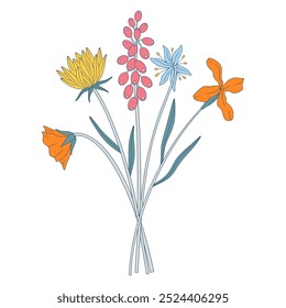 Ramo brillante de flores silvestres. Manojo con muscari, gota de nieve, diferentes flores de prado y plantas silvestres en flor. Elementos botánicos dibujados a mano para proyectos de diseño. Ilustración vectorial