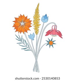 Ramo brillante de flores silvestres. Manojo de nigella, aquilegia, ciclamen, diferentes flores de prado, plantas silvestres en flor y hierbas. Elementos botánicos dibujados a mano para proyectos de diseño. Ilustración vectorial