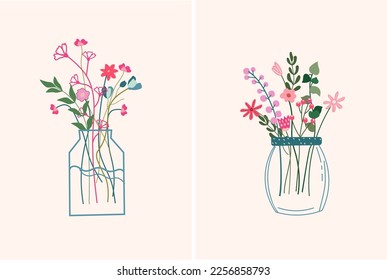 A bright bouquet of wildflowers in a glass jar on a pastel background. Spring flowering. Minimalist postcards for celebrating Mother's Day, spring, birth, wedding, etc. Vector illustration