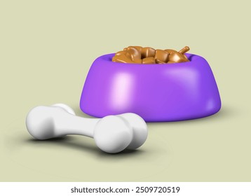 Bright bowl with feed, white bone. Vector concept of feeding dogs