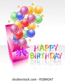 bright box with air balloons and happy birthday, beautiful vector illustration