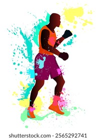 A bright boxer in gloves. A sportsman before a fight. A boxer ready for a fight. A boxer.