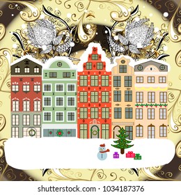 Bright boxes. Greeting card. Holidays Vector illustration. Happy New Year. Vintage style. Cartoon Vector illustration. Christmas tree with gifts.