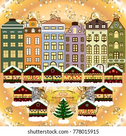 Bright boxes. Holidays Vector illustration. Vintage style. Happy New Year. Greeting card. Cartoon Vector illustration. Christmas tree with gifts.