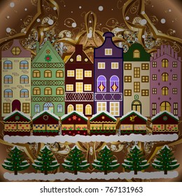 Bright boxes. Vintage style. Greeting card. Christmas tree with gifts. Happy New Year. Cartoon Vector illustration. Holidays Vector illustration.