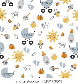Bright boy pattern with cute newborn elements. Perfect for textile, print, greeting cards, wrapping paper, wallpaper.