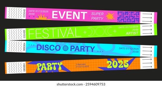 Bright bracelet tickets with neon colors for party events. Pink super event, green festival, blue disco, orange pass with 2025 text. Vibrant geometric template with unique code for club admission.