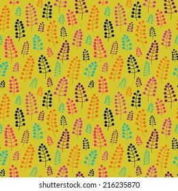  Bright branches with  berries on a yellow background. Vector seamless pattern. Endless floral background Stylish texture..