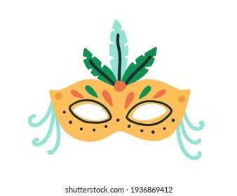 Bright Brazil carnival mask decorated with feathers. Ornate accessory for Brazilian or Venetian masquerade, festival or carnival. Colored flat vector illustration isolated on white background