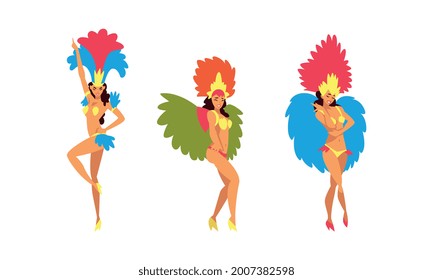 Bright Brazilian Female Samba Dancer Posing in Feathered Costume Vector Set