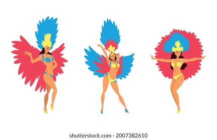 Bright Brazilian Female Samba Dancer Posing in Feathered Costume Vector Set