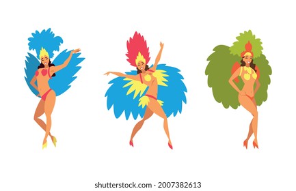 Bright Brazilian Female Samba Dancer Posing in Feathered Costume Vector Set