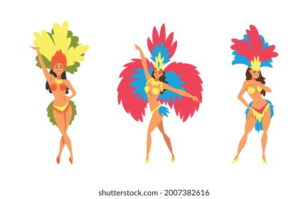 Bright Brazilian Female Samba Dancer Posing in Feathered Costume Vector Set