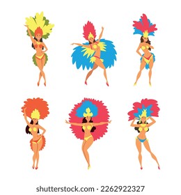 Bright Brazilian Female Samba Dancer Posing in Feathered Costume Vector Set