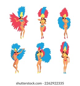 Bright Brazilian Female Samba Dancer Posing in Feathered Costume Vector Set