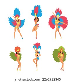 Bright Brazilian Female Samba Dancer Posing in Feathered Costume Vector Set