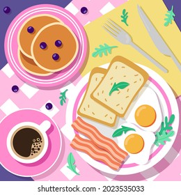 Helles Frühstück, Vektorgrafik. Eier, Speck, Toast und Blaubeerpfannkuchen auf rosafarbenen Tellern. Schwarzer Kaffee in einem weißen Schleim mit einer Untertasse.
