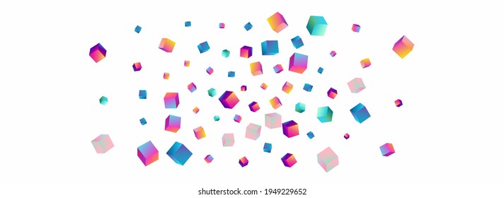 Bright Brick Vector White Panoramic Background. Rainbow 3d Polygon Brochure. Perspective Block Wallpaper. Multicolored Cube Shiny Paper.