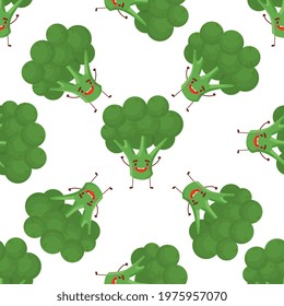 Bright broccoli cartoon characters on background. Vector kawaii vegetables illustration in cute cartoon style designed in seamless pattern. Adorable kids menu decoration, fabric print.