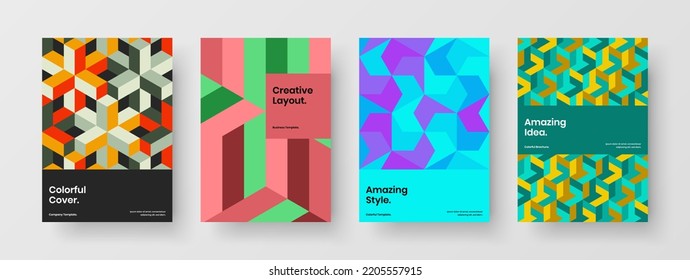 Bright brochure A4 design vector concept set. Modern geometric pattern annual report illustration collection.