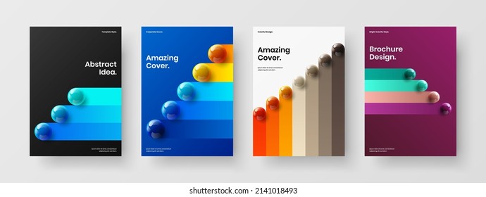 Bright brochure design vector layout set. Modern 3D spheres handbill illustration composition.