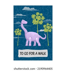 Bright brochure designs with cute brantosaurus dino. Colored smiling dinosaurs on blue background. Creatures and fossil reptiles concept. Template for promotional leaflet or flyer