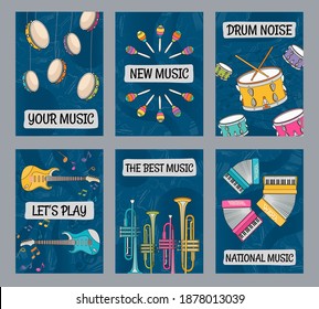 Bright brochure designs with musical instruments. Colored drums, guitars, accordions, tubes and maracas. Concert and entertainment concept. Template for promotional leaflet or flyer