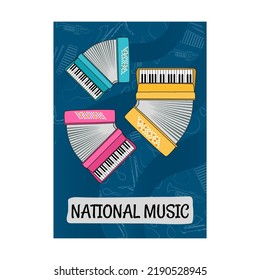 Bright brochure designs with musical instruments. Colored drums, guitars, accordions, tubes and maracas. Concert and entertainment concept. Template for promotional leaflet or flyer