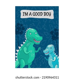 Bright brochure designs with predatory cute dino. Colored smiling dinosaurs on blue background. Creatures and fossil reptiles concept. Template for promotional leaflet or flyer
