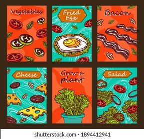 Bright brochure designs with tasty food. Colored sliced vegetables, bacon, fried egg and green salad. Delicious meal and nutrition concept. Template for promotional leaflet or flyer