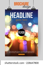 Bright brochure template. Abstract typographical flyer design blurred bokeh lights and place for text. Vector illustration.