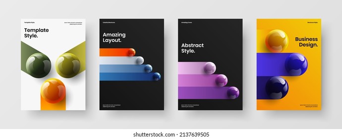 Bright brochure vector design layout set. Multicolored realistic balls book cover template bundle.