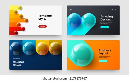 Bright brochure vector design template set. Vivid realistic spheres website layout composition.