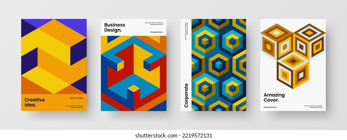 Bright brochure vector design template collection. Clean mosaic pattern handbill illustration composition.