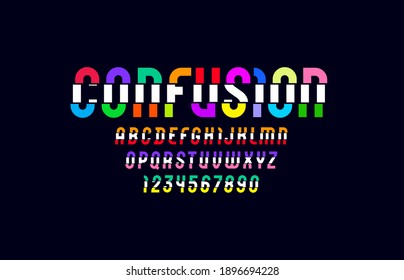 Bright broken font, trendy multi colored alphabet with shift, modern letters and numbers with break, vector illustration 10EPS