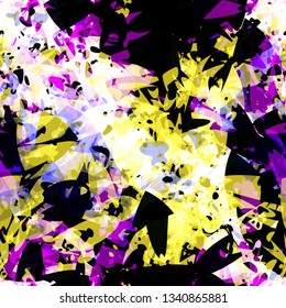Bright broken surface. Yellow, black, white, violet seamless texture. Abstract vector background for web page, banners backdrop, fabric, home decor, wrapping