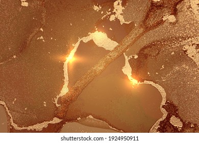 Bright brown and gold abstract marble background with sparkles. Vector texture in alcohol ink technique with glitter. Template for banner, poster design. Fluid art painting