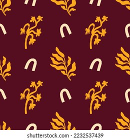 Vector de color marrón claro y amarillo sin soldadura con hojas. Para impresiones, fondos, papel de embalaje, textiles, lino, papel pintado, etc.