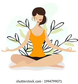 A bright brunette in a lotus position is engaged in yoga in nature. A cute girl meditates on the background of gentle plants. Exercise and rest, reboot, energy recovery in summer on vacation. Vector