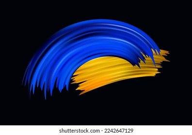 Bright brush stroke 3d. Liquid blue, yellow paint splash, waved line. Ukrainian flag colors, brush stroke, wavy short ribbon, torn edges. Texture of paint spilled on the surface. Vector illustration.